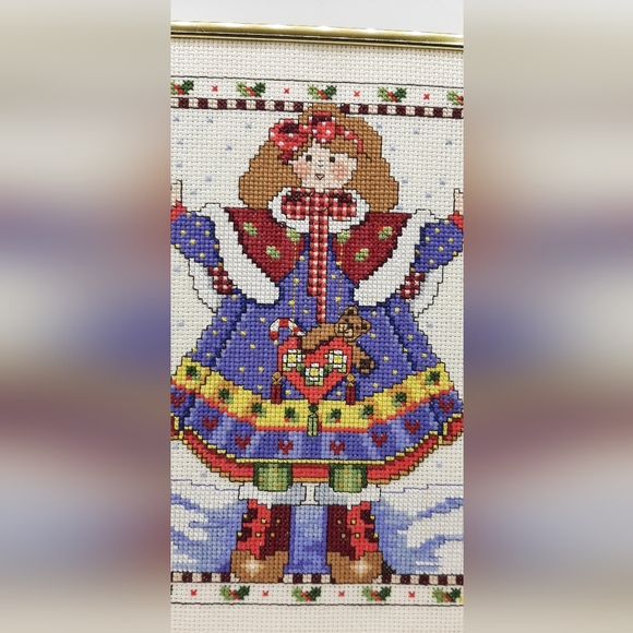 Vintage Christmas Cross Stitch Little Girl Dressed Up & Out in The Snow Framed - Picture 2 of 5